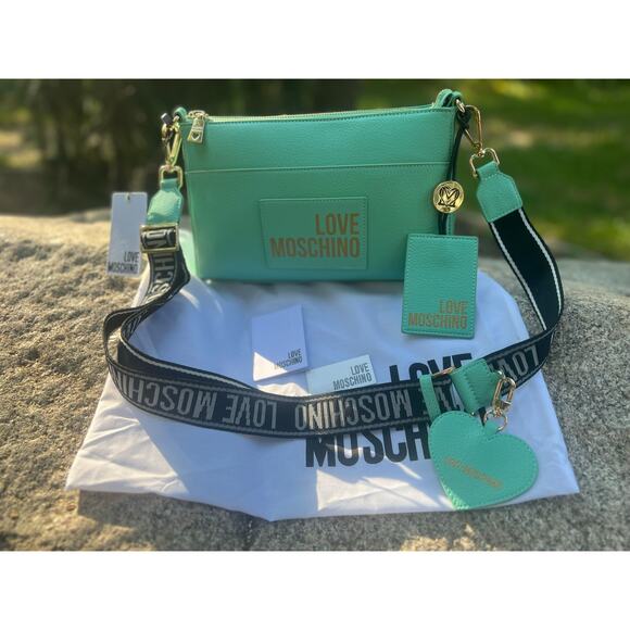 LOVE MOSCHINO Crossbody Bag PU Leather Branded Charms Zip Closure w/Dusty - Picture 1 of 15